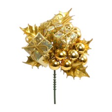 Metallic Gold Wreath Pick With Holly Leaves, Berries And 3 Packages (Lot of 12 Picks) SALE ITEM